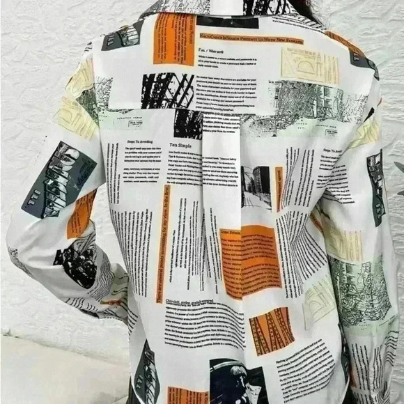 Newspaper All over Print Slogan Collared Button Front Drop Shoulder Blouse, L - Picture 13 of 13
